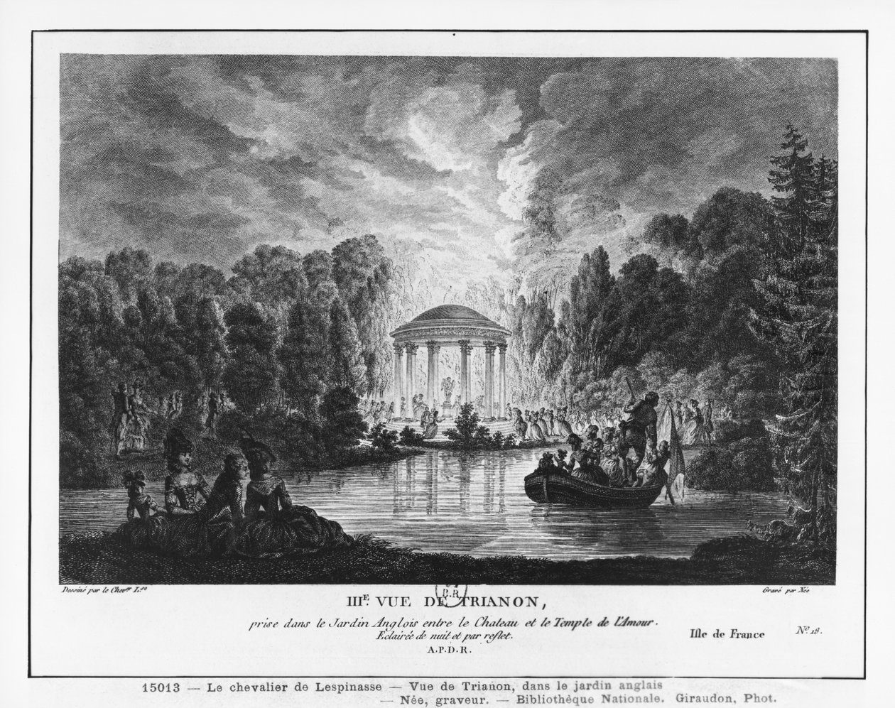 Tredje visning af Trianon, taget fra den engelske have mellem slottet og kærlighedens tempel, indgraveret af Francois Denis Nee (1732-1817) af Louis Nicolas de Lespinasse