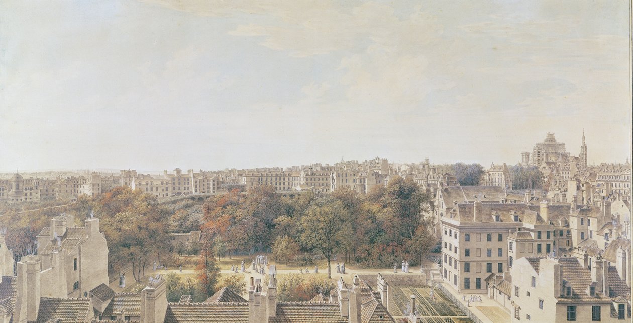 Udsigt over Paris fra Belvedere of M. Fornelle, rue des Boulangers, 1787 (pen, brunt blæk, wc og gouache på papir) af Louis Nicolas de Lespinasse