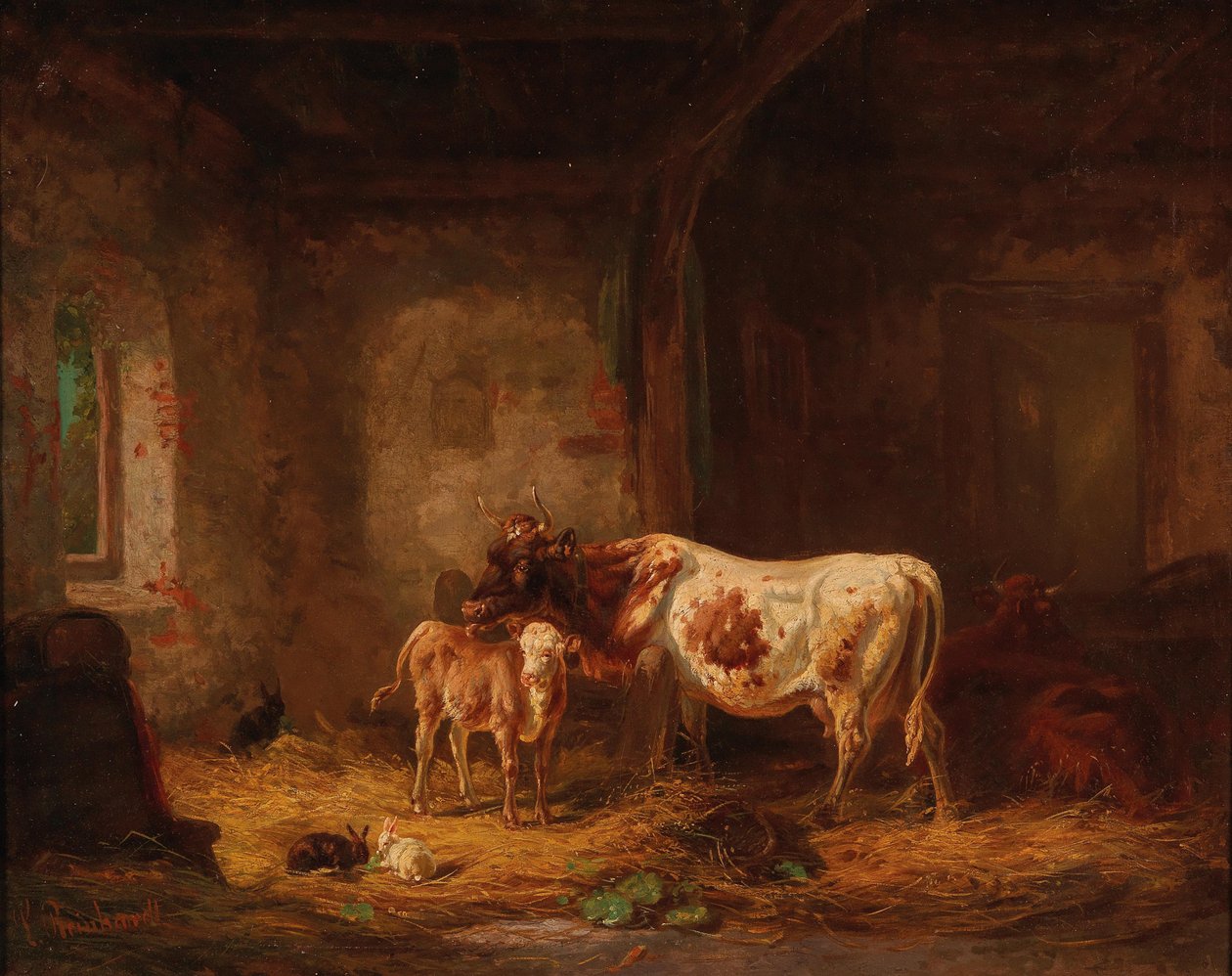 Køer og kaniner i laden af Louis Reinhardt