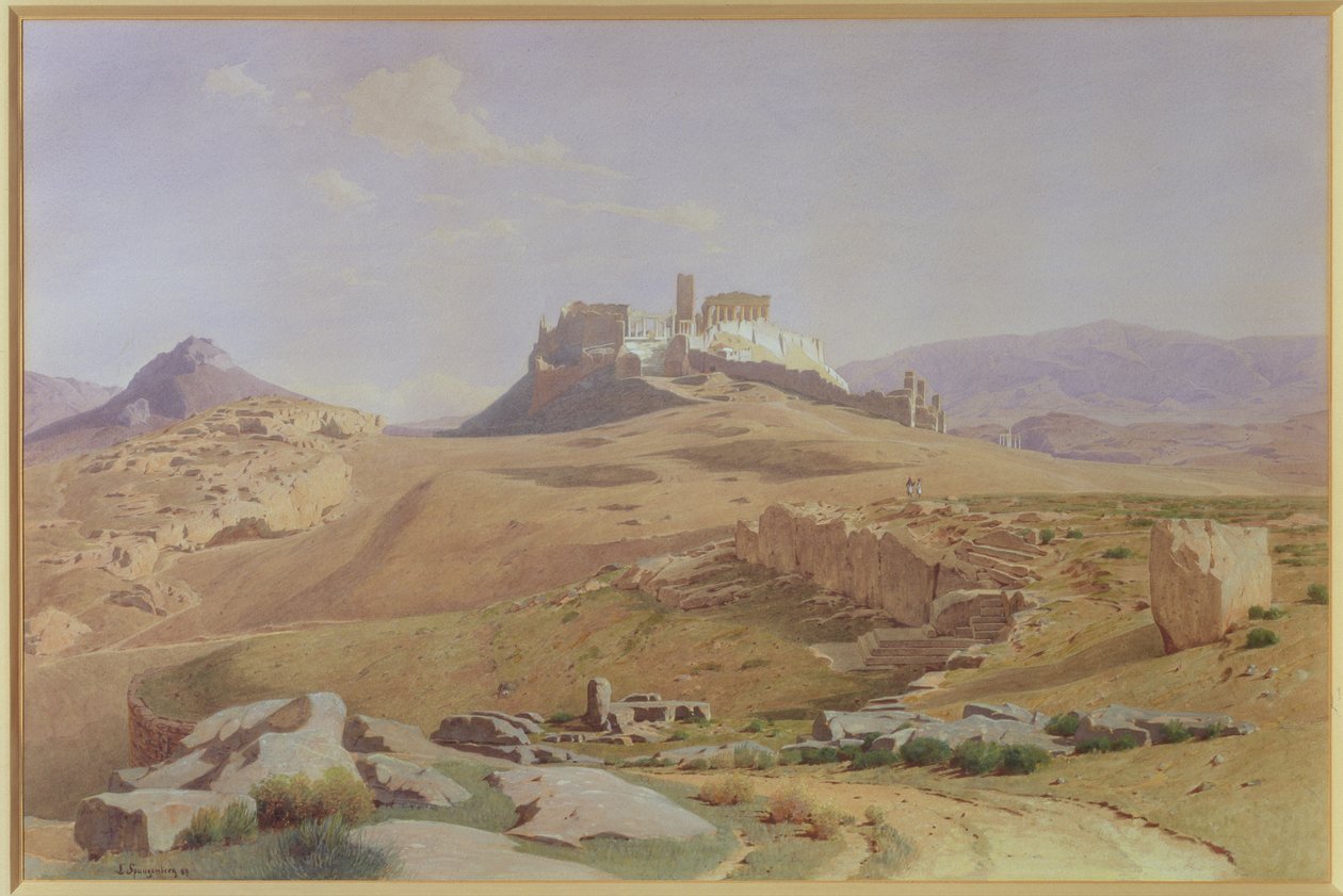 Udsigt over Akropolis, 1887 (wc på papir lagt på kort) af Louis Spangenberg