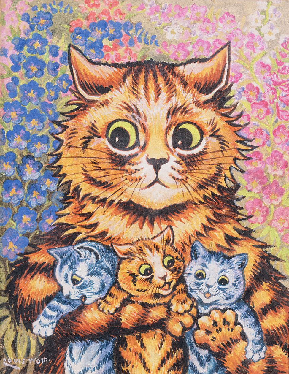 En kat med sine killinger af Louis Wain