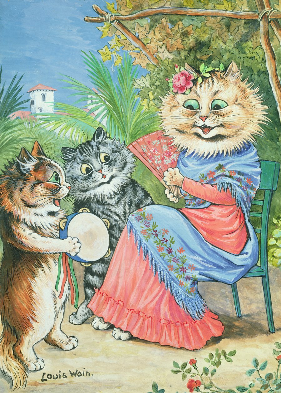 Kattemor med vifte og to killinger af Louis Wain