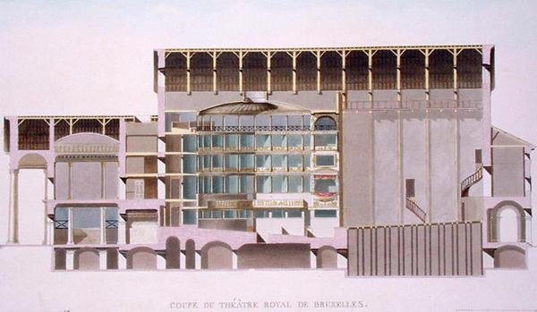 Tværsnit af Theatre Royal, Bruxelles, fra udvalg af de mest fremragende monumenter, bygninger og huse i Kongeriget Nederlandene af Pierre Jacques Goetghebuer, indgraveret af forfatteren, udgivet 1 af Louis Damesme