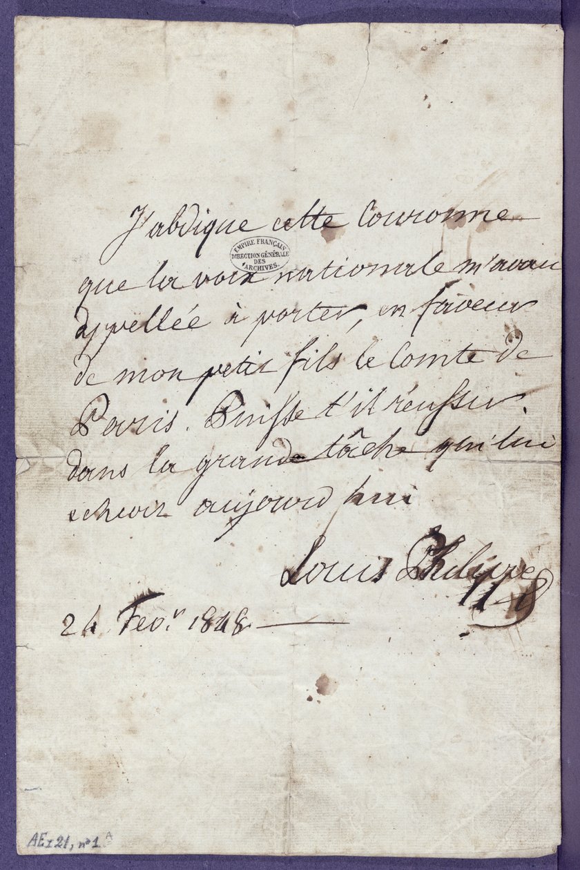 Akt om tronafgang fra Louis-Philippe (1773-1850) til fordel for sit barnebarn, Louis-Philippe Albert dOrleans (1838-94), Comte de Paris, 24. februar 1848 af Louis Philippe