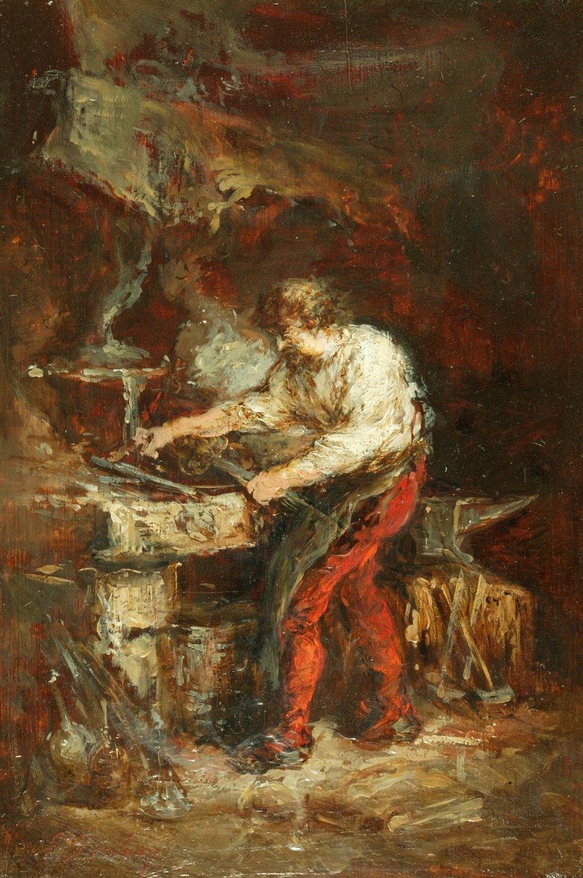 The Smithy (olie på panel) af Louis Eugene Gabriel Isabey