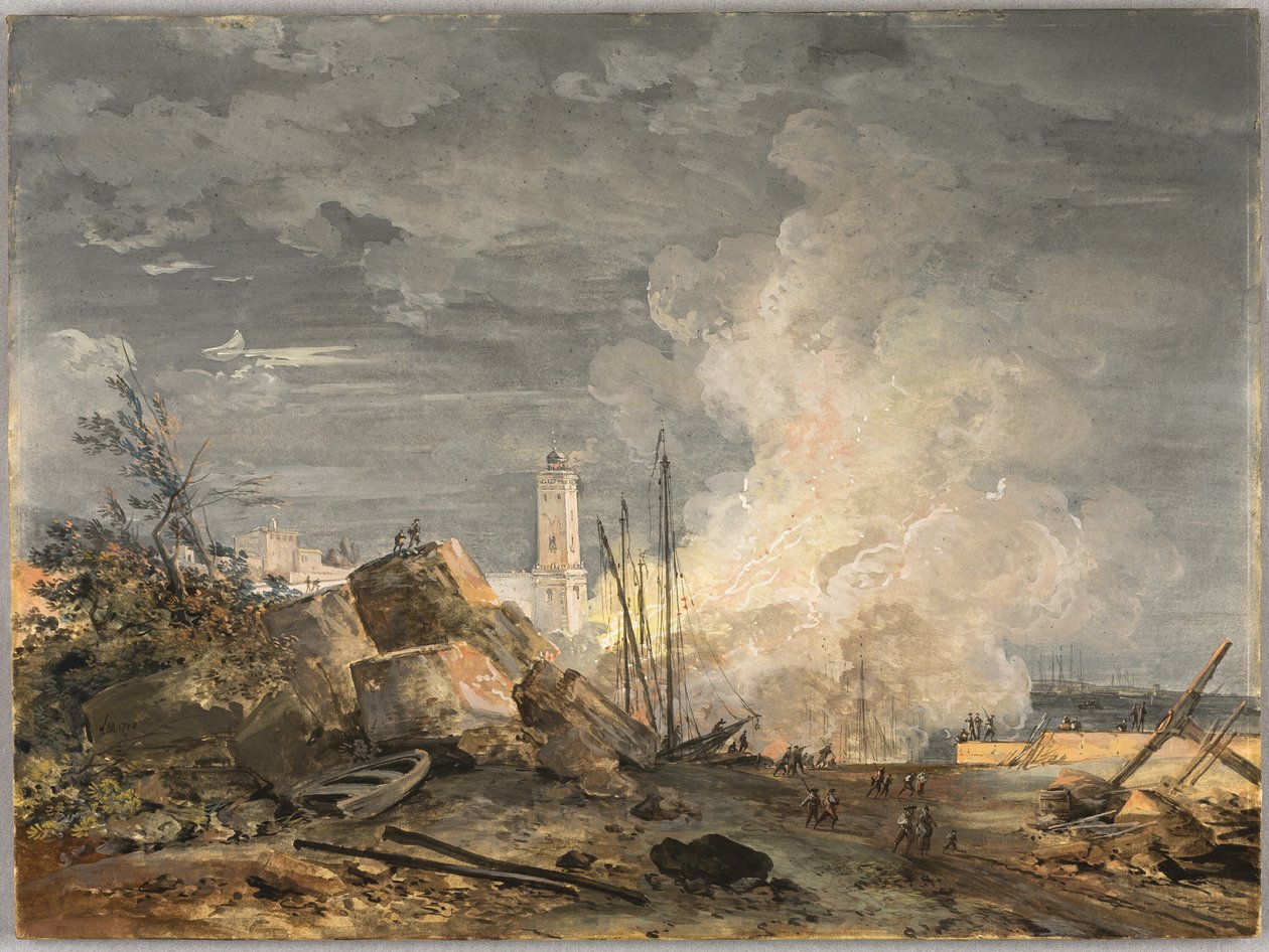 Brand i havnen af Louis Gabriel Moreau