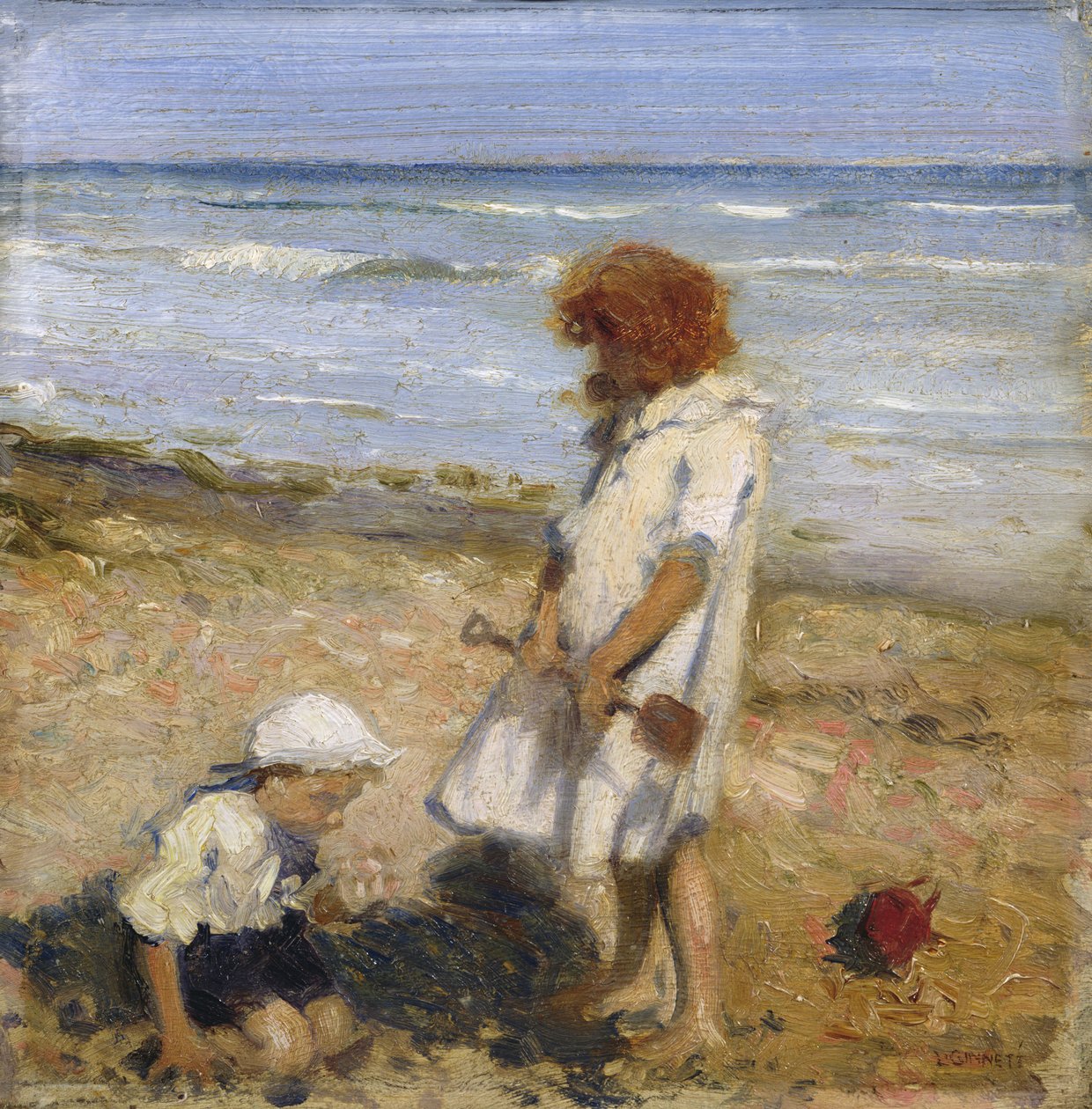 Playing on the Beach (olie på lærred) af Louis Ginnett