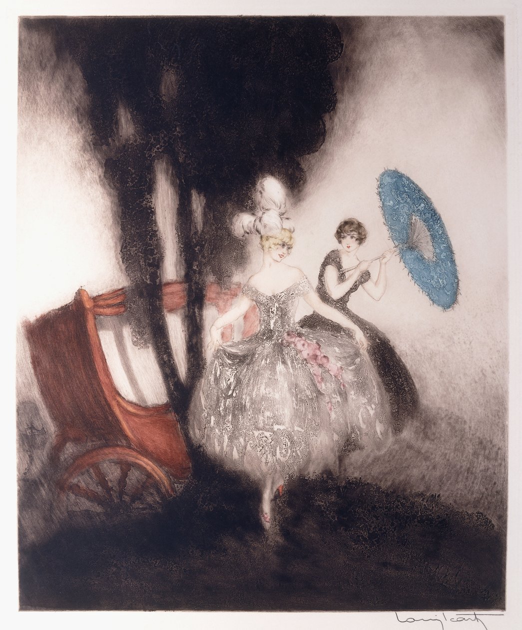 To piger forbereder sig på at gå ind i en vogn af Louis Icart