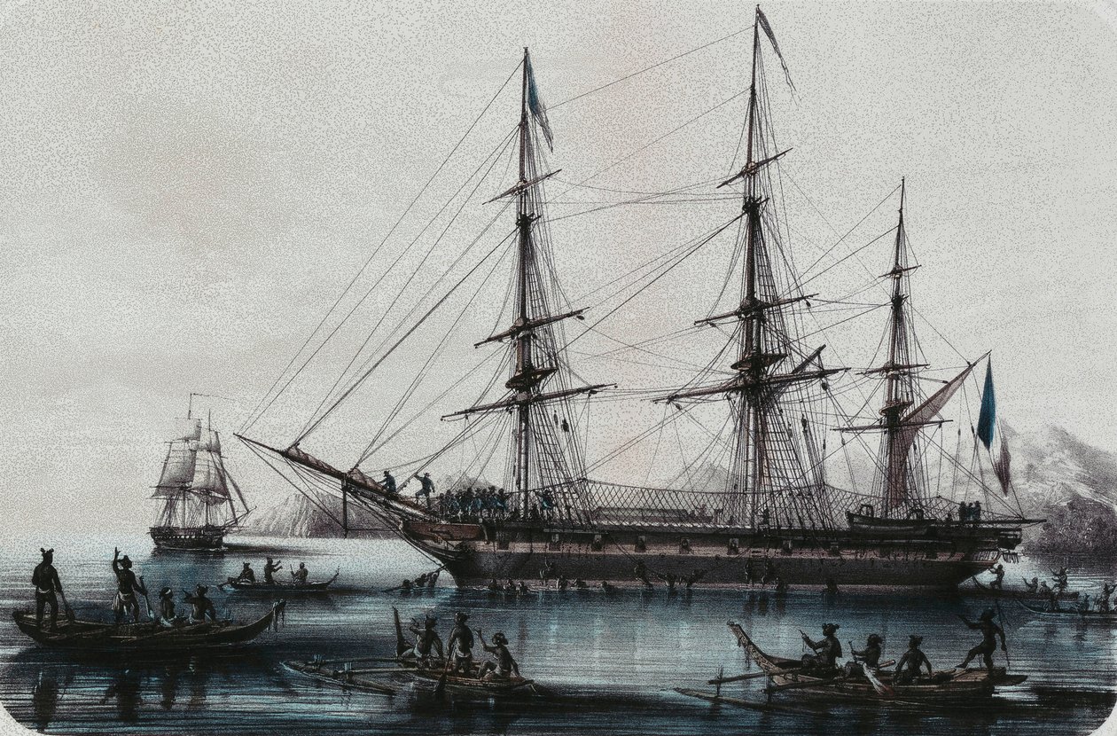 Astrolabiet og Zelee, ankomst til Noukahiva, af Louis Le Breton