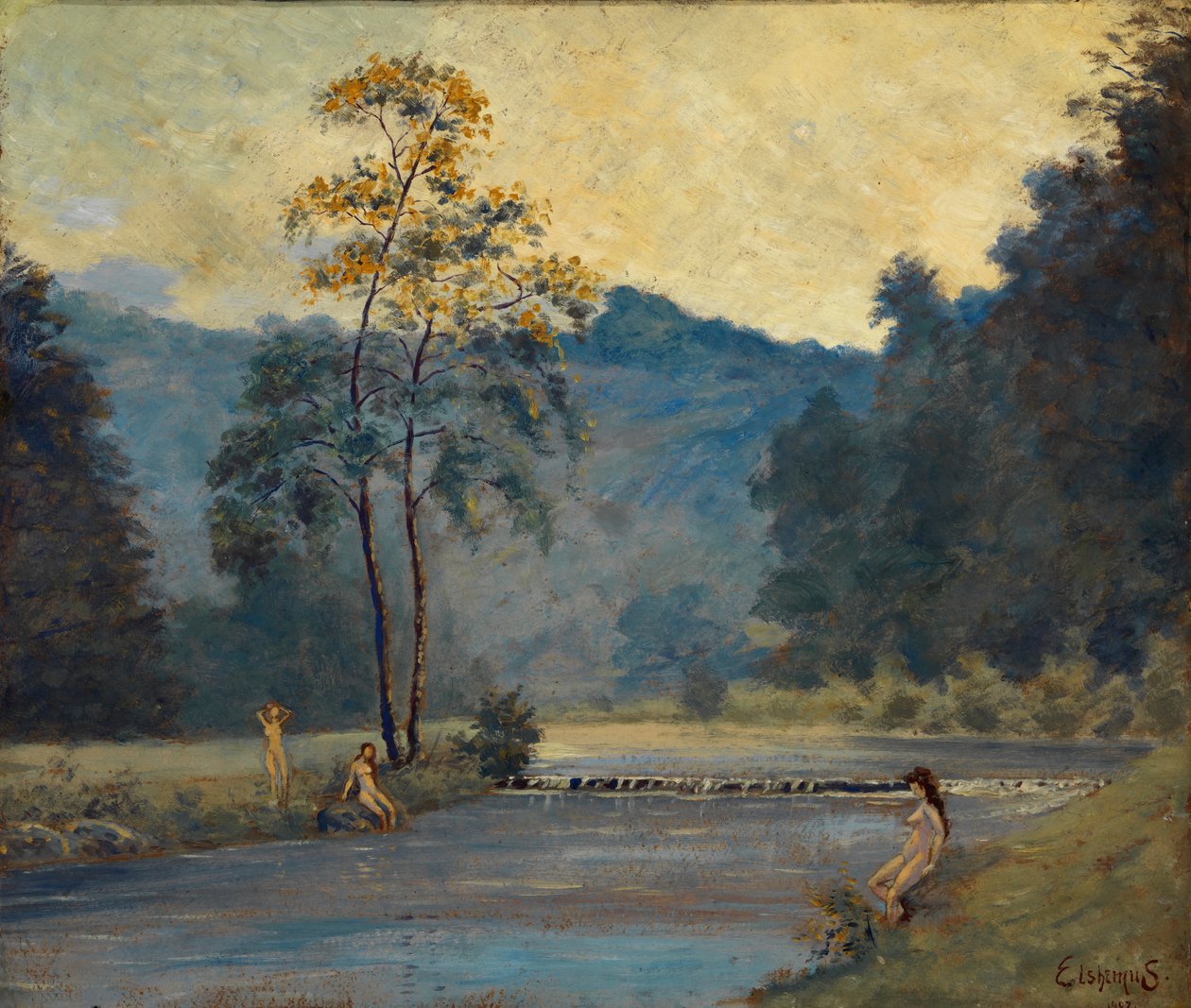 Three Girls and River, 1907. af Louis Michel Eilshemius