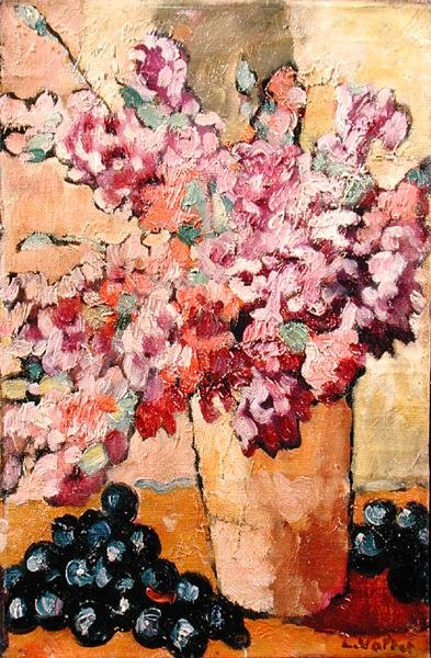 Stilleben med blomster og sorte druer af Louis Valtat