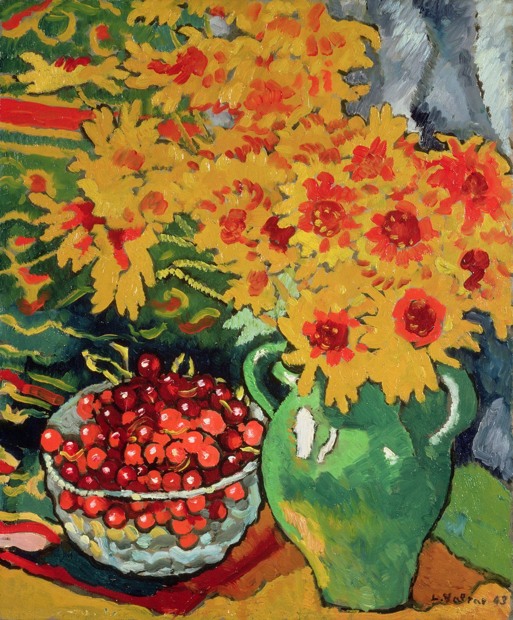 Gule blomster og en skål kirsebær af Louis Valtat
