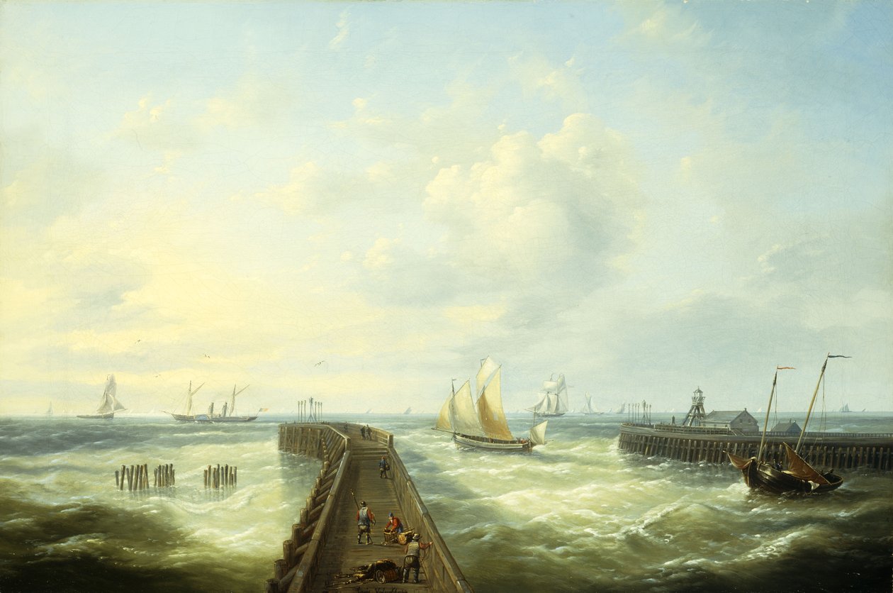 Fiskerbåde ud for en anløbsbro i Oostende, af Louis Verboeckhoven