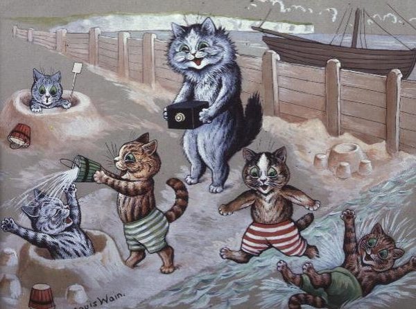 Katte bader i havet af Louis Wain
