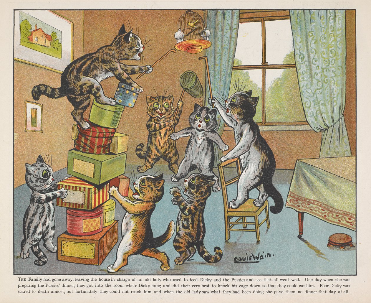 Katte, der leger med kasser i et rum. af Louis Wain