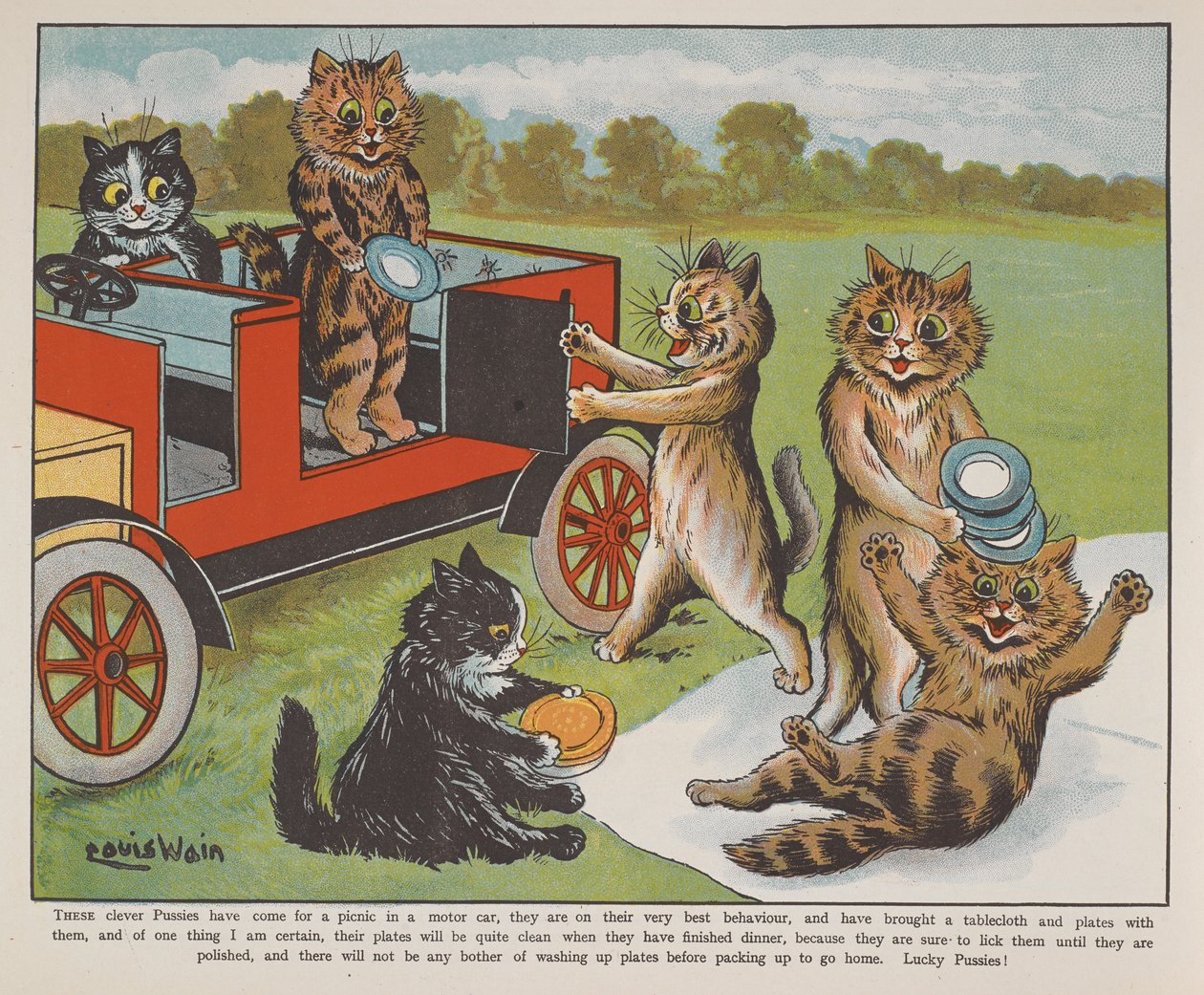 Katte gør klar til en picnic. af Louis Wain