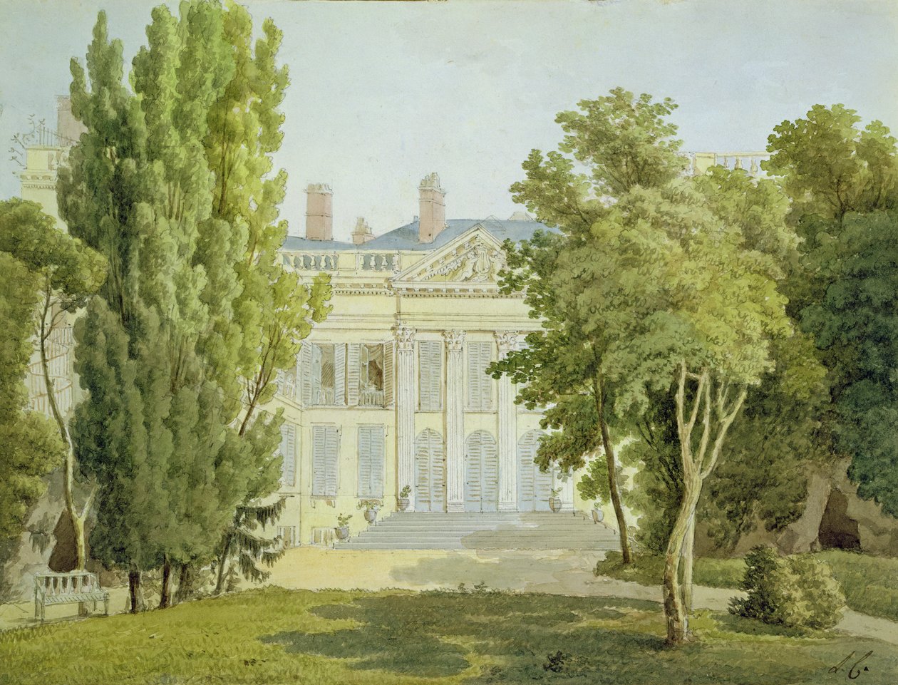 Udsigt over Maison de la Reine, Paris, 1811 (sort kridt og wc på papir) af Louise Cochelet