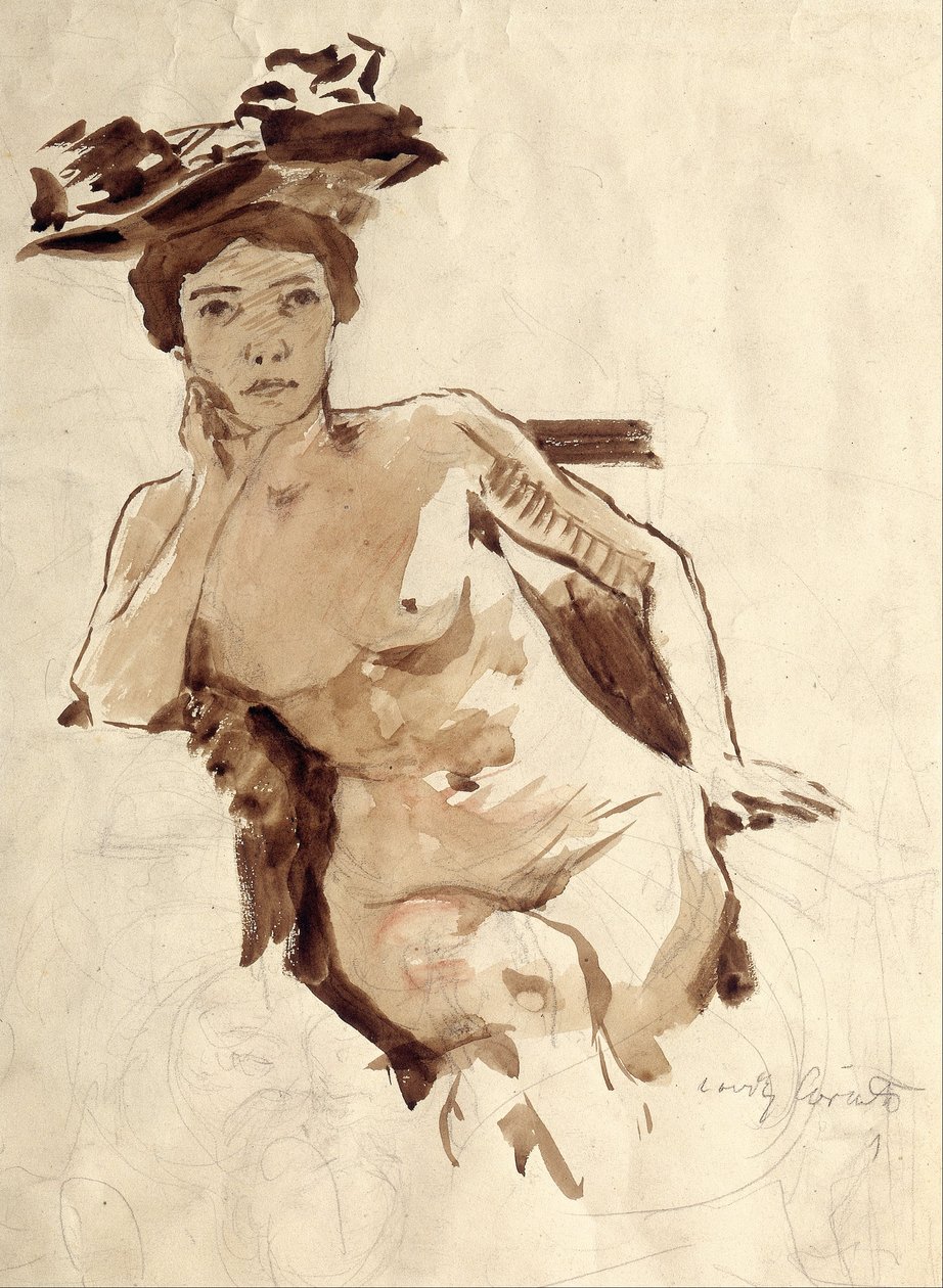Kvinde semi-nøgen med hat af Lovis Corinth