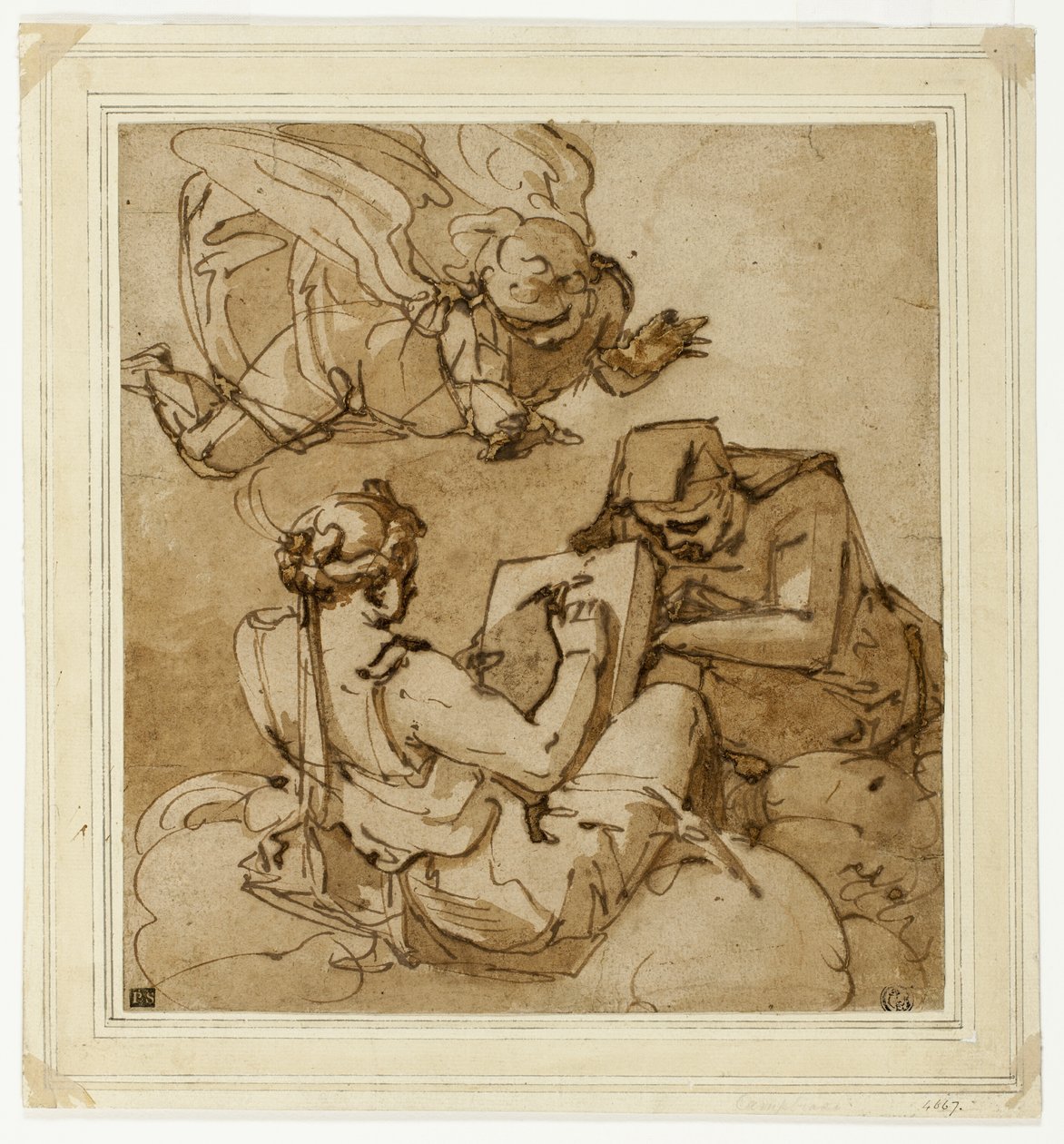 Allegorisk motiv (engel over to sibyller) af Luca Cambiaso