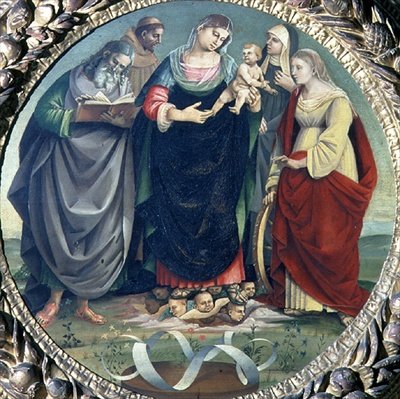 Hellig samtale (tempera på panel) af Luca Signorelli