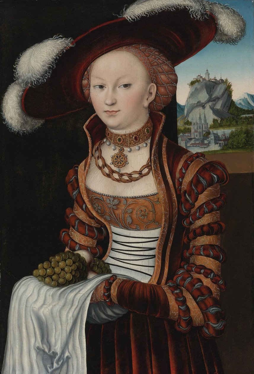 Portræt af en ung kvinde, der holder druer og æbler af Lucas Cranach the Elder