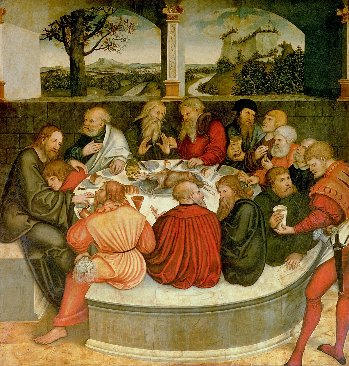 Triptykon, venstre panel, Philipp Melanchthon udfører en dåb assisteret af Martin Luther; midterpanelet, den sidste nadver med Luther blandt apostlene; højre panel, Luther afgiver sin tilståelse; Luther af Lucas Cranach the Elder