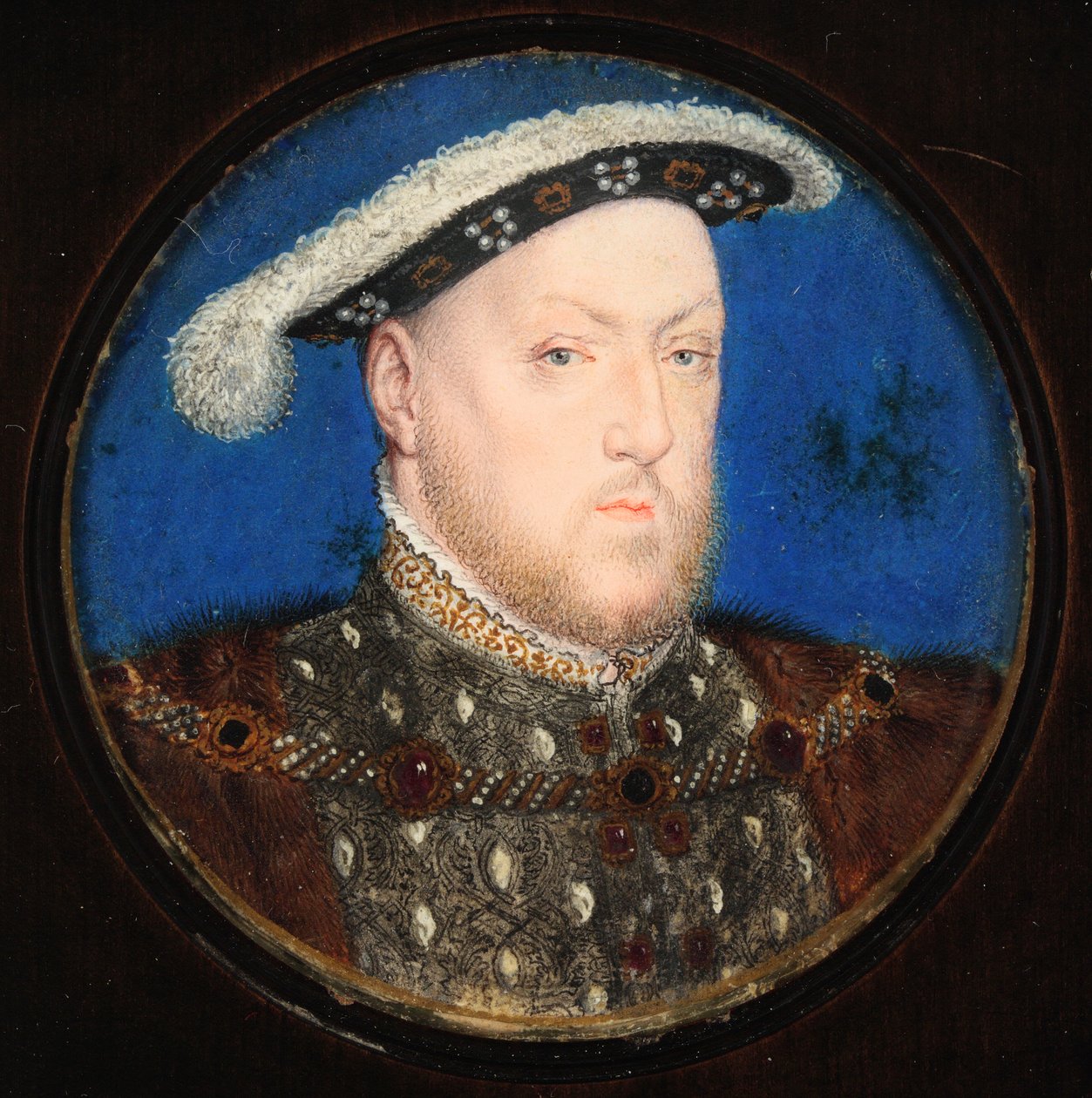 Henry VIII i en grå dublet og pelskjole (wc & kropsfarve på vellum) af Lucas Horenbout or Hornebault