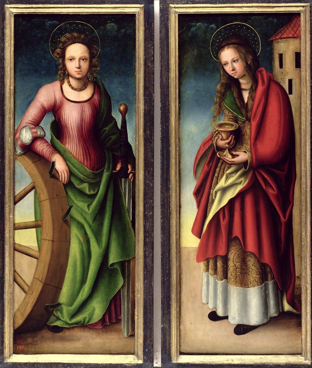 St. Catherine og St. Barbara, 1510 af Lucas studio of Cranach