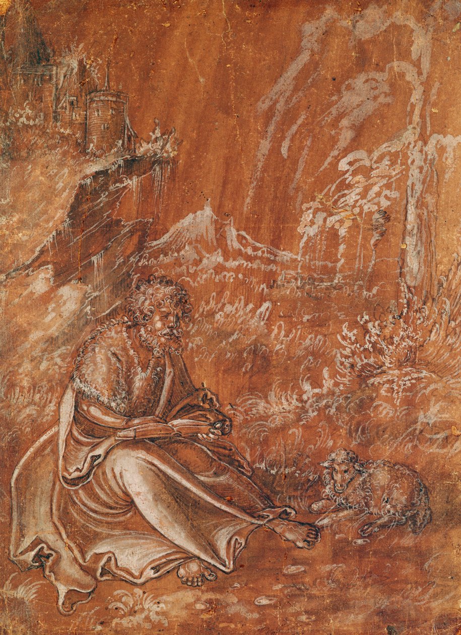 Sankt Johannes Døberen siddende i et bjerglandskab (blæk på papir) af Lucas Cranach the Elder