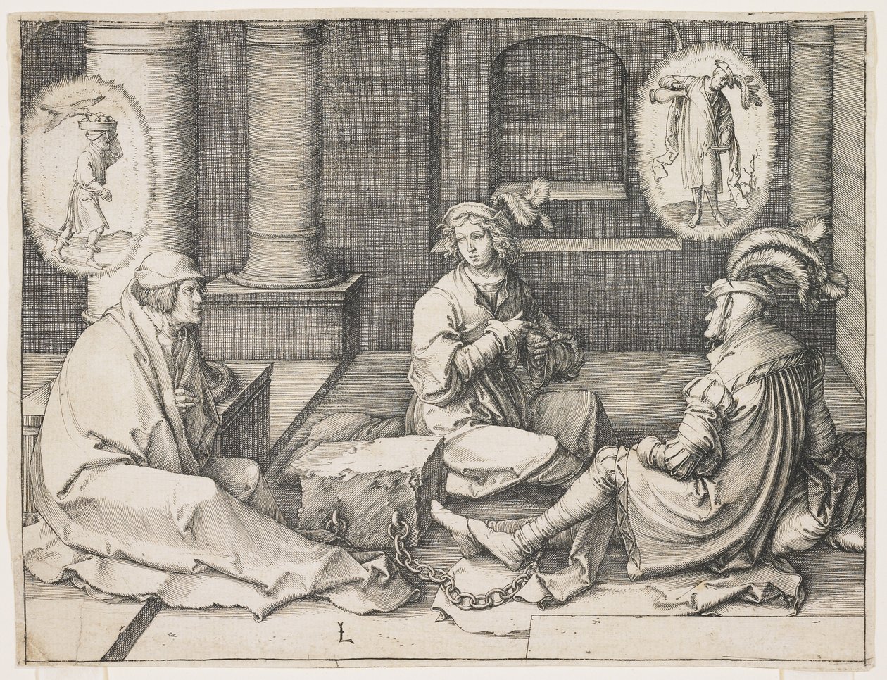 Joseph tolker drømmene i fængslet, 1512 af Lucas van Leyden