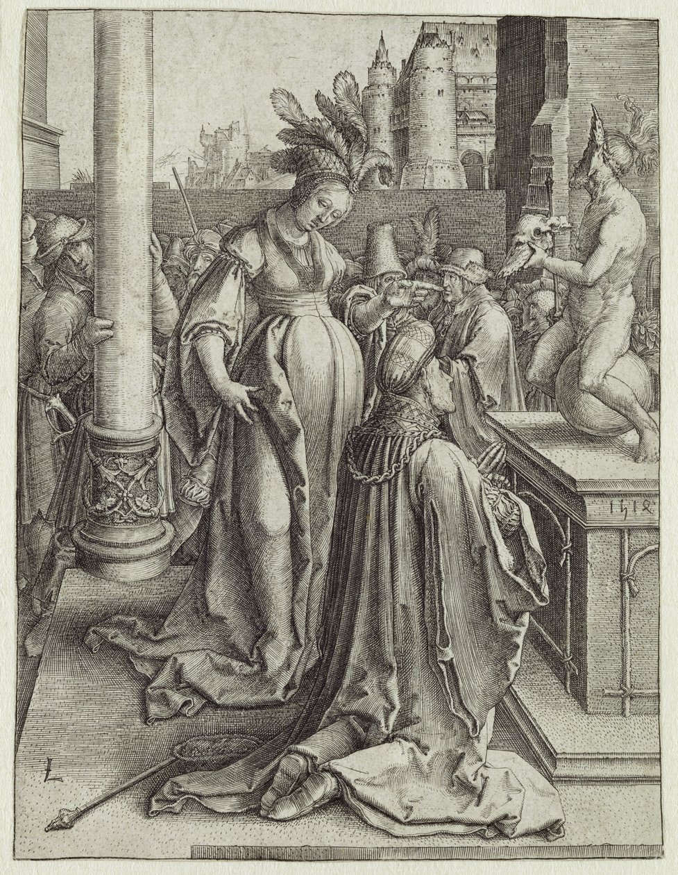 Salomon beder foran et gravet billede, ca. 1514 (kobberstik) af Lucas van Leyden