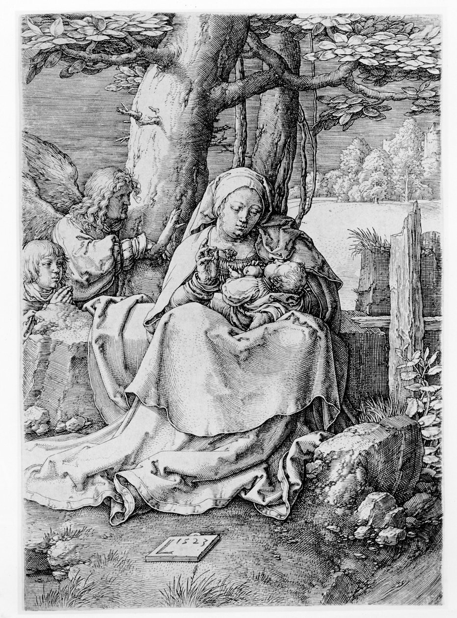 Jomfruen og barnet i et landskab, 1523 af Lucas van Leyden