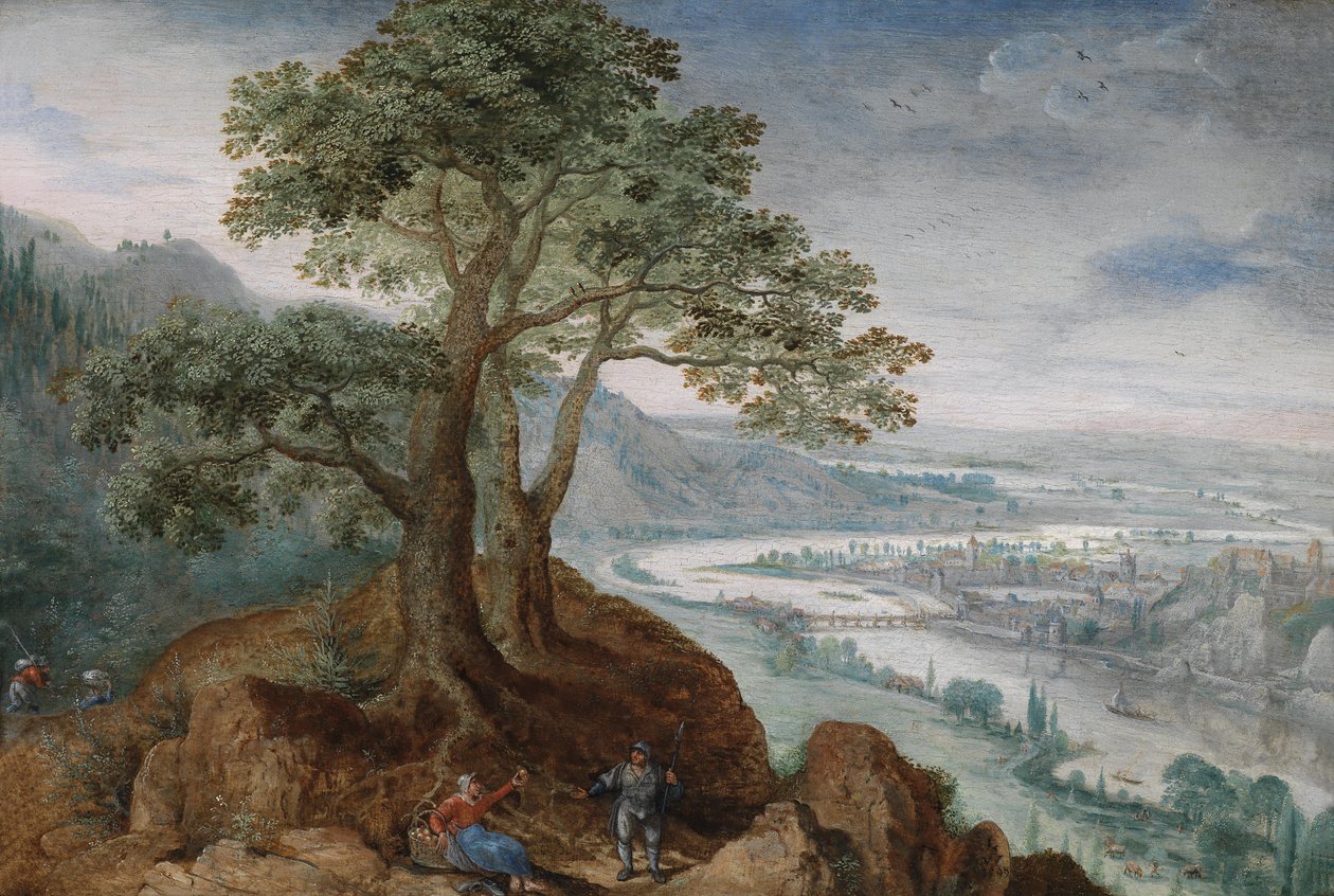 Udsigt fra Pöstlinberg til byen Linz med en bondekvinde og en vandrer på en sti i forgrunden af Lucas van Valckenborch