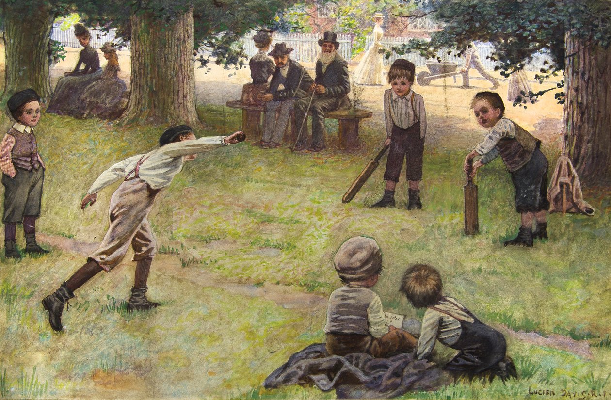 Drenge spiller cricket (akvarel) af Lucien Davis