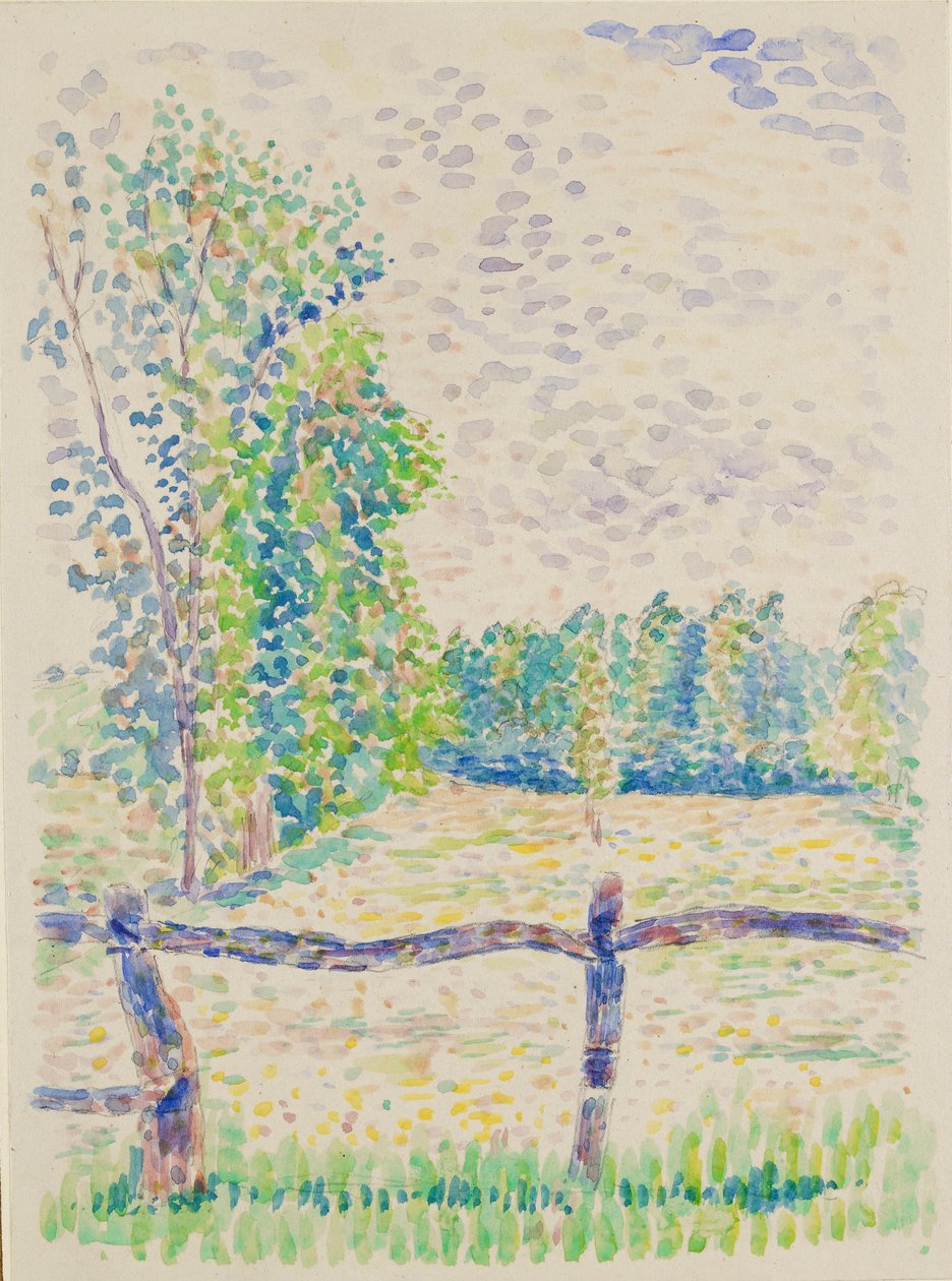 La Barriere, Eragny Meadows, c1886 af Lucien Pissarro