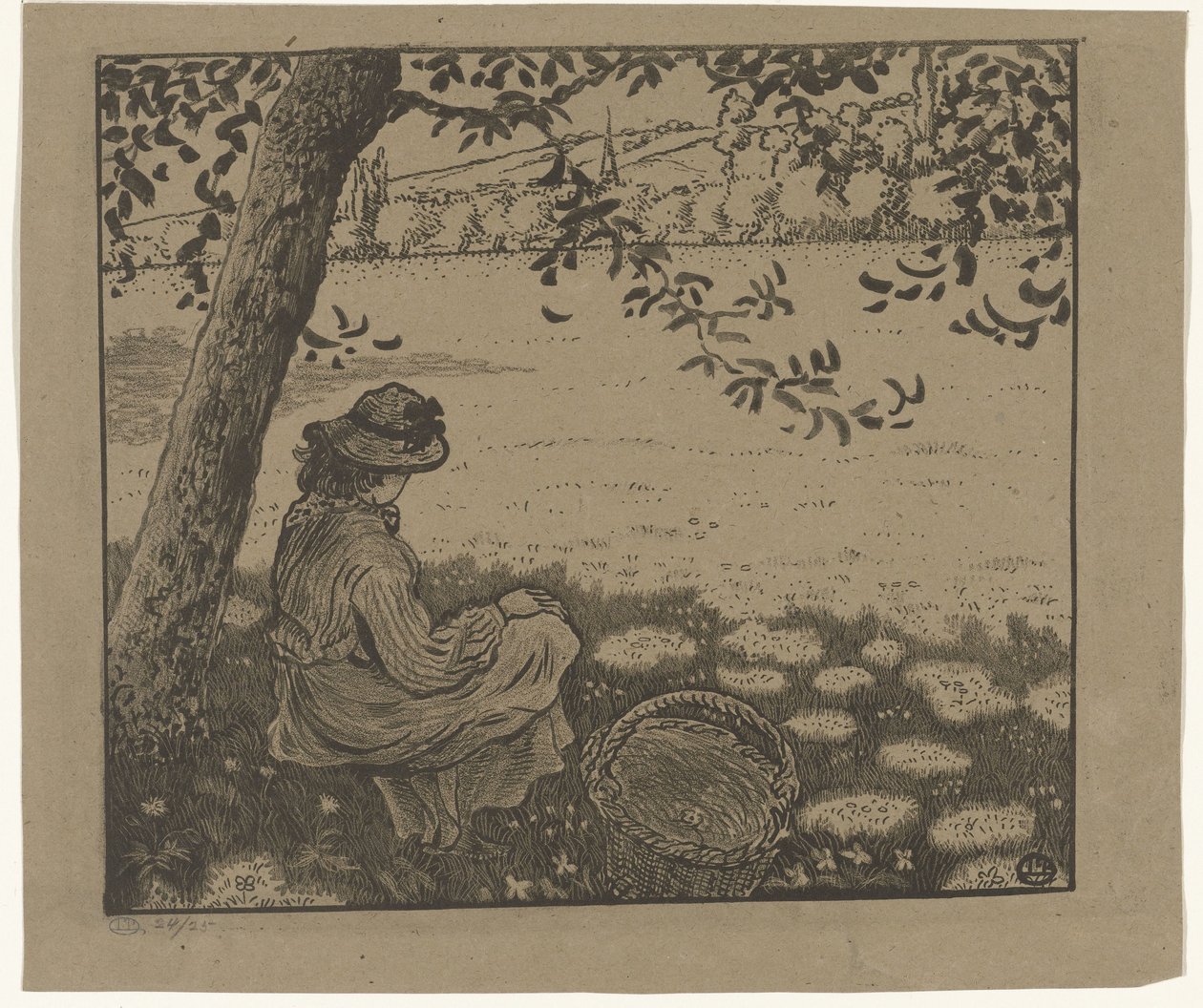 Pige under et træ på en eng af Lucien Pissarro