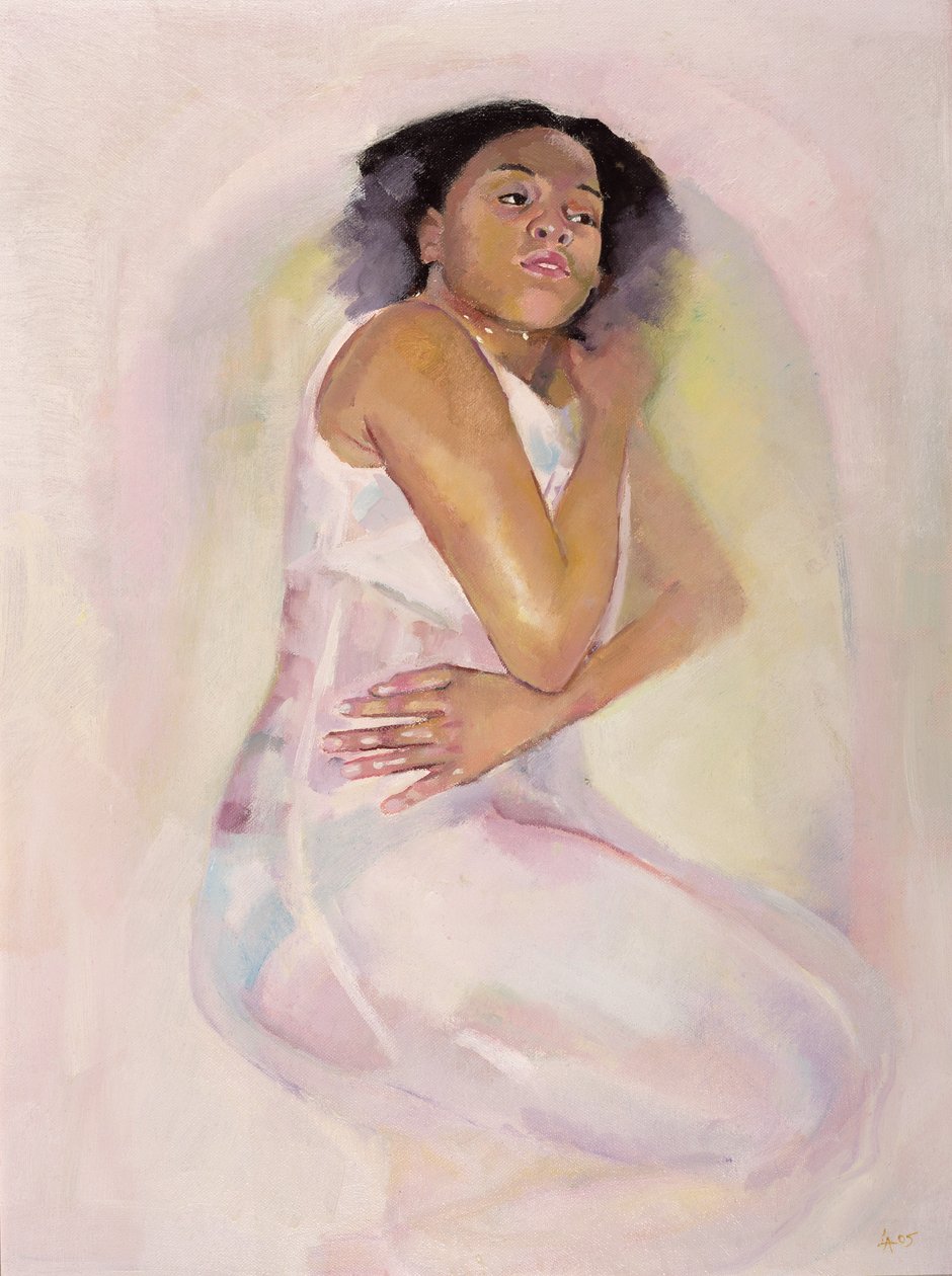 Pige, der tænker, 2004 (olie på lærred) af Lucinda Arundell