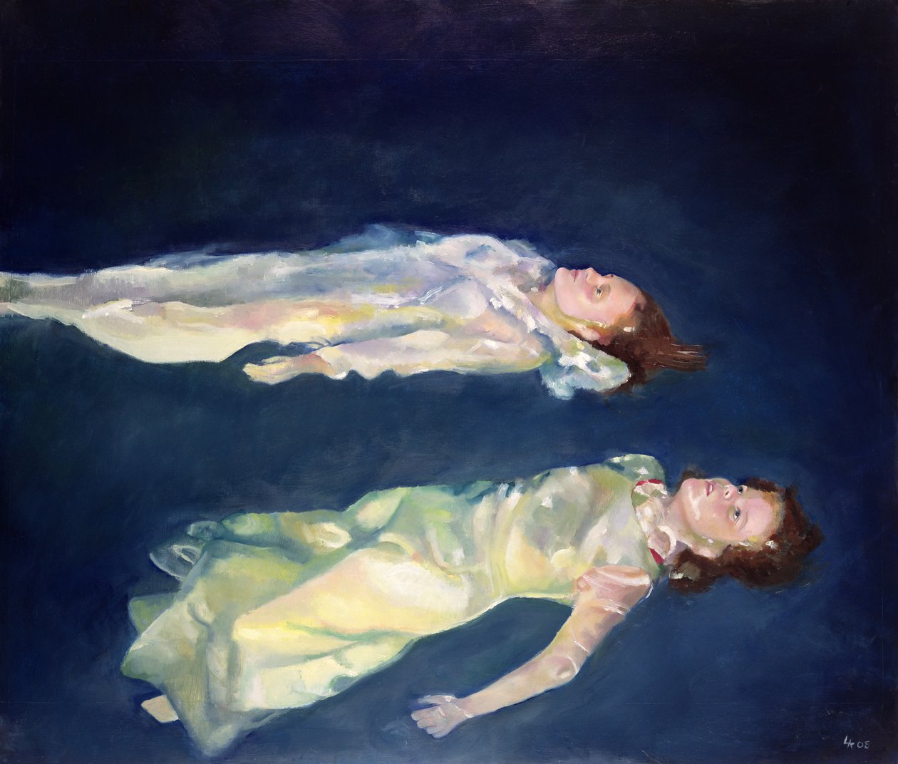 To piger flyder, 2004 (olie på plade) af Lucinda Arundell