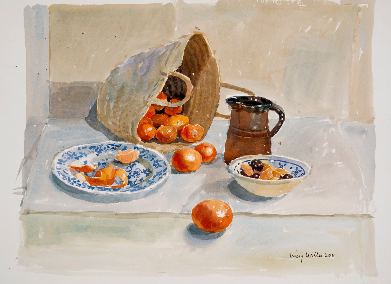 Appelsiner og Leach Jug, 2011 (wc på papir) af Lucy Willis