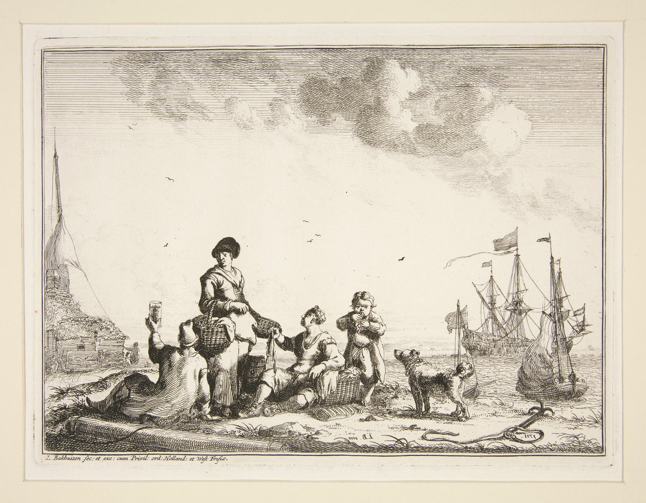 Havn med sømænd og en fiskehandler af Ludolf Backhuysen