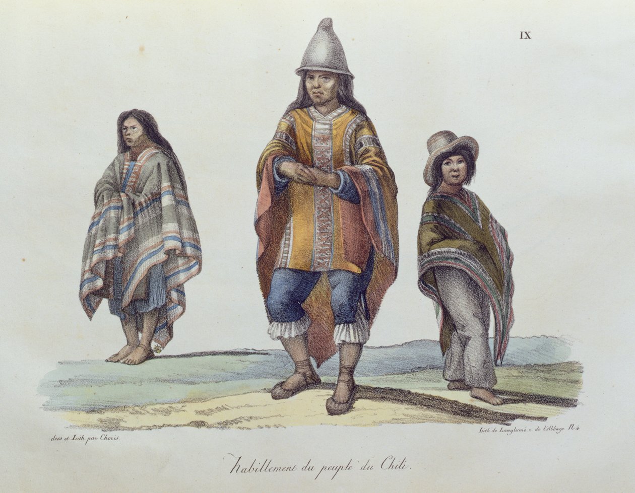 Kostume af befolkningen i Chile, fra Voyage Picturesque Around the World, udgivet 1822 af Ludwig Choris