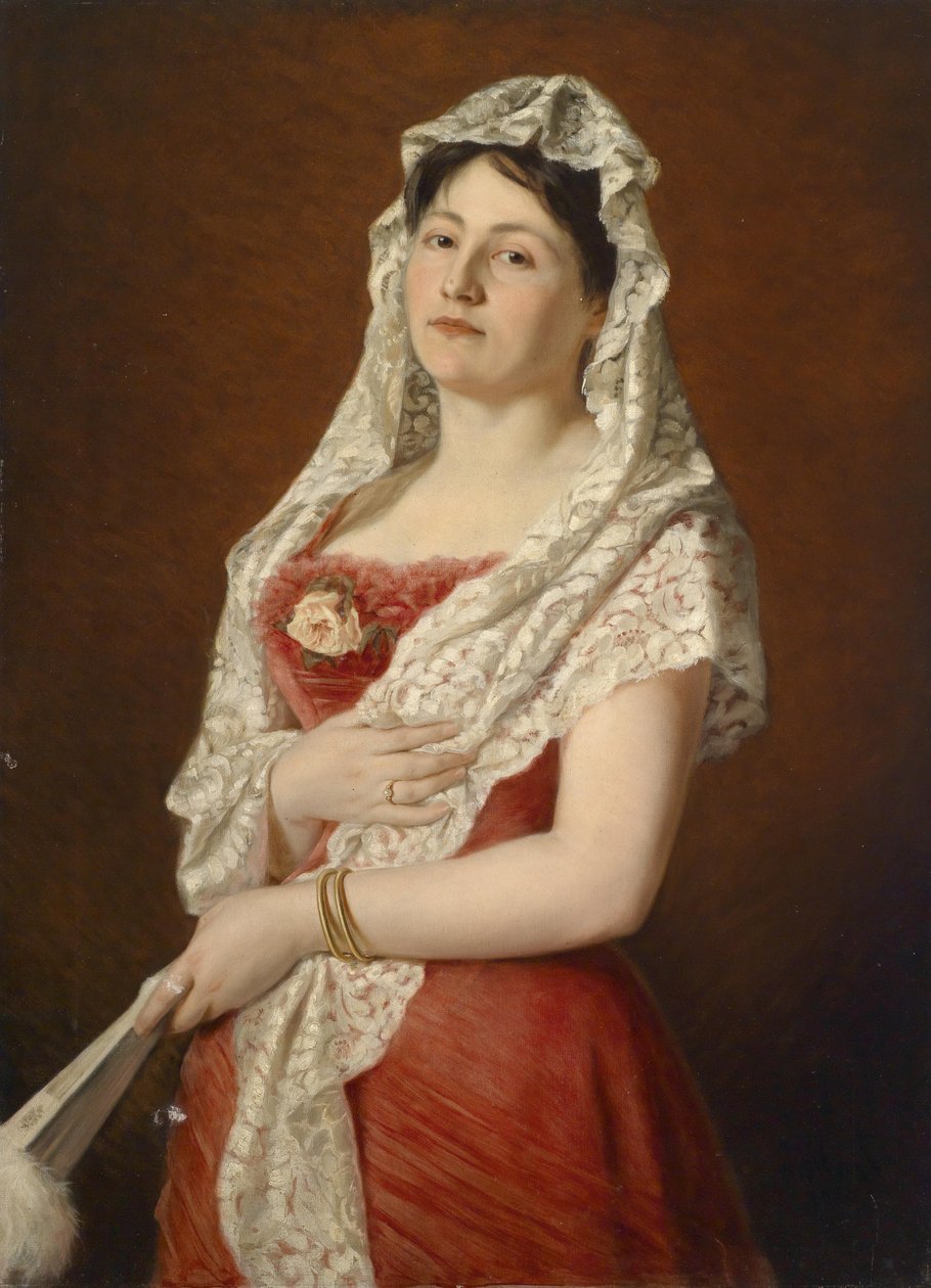 Portræt af en dame med en hvid blondemantilla og en ventilator af Ludwig Gloss