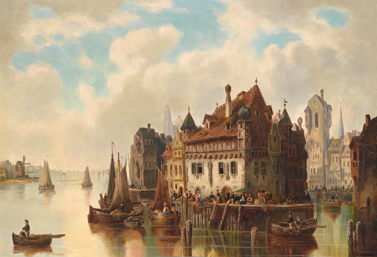 Fantastisk udsigt over en by ved floden af Ludwig Hermann