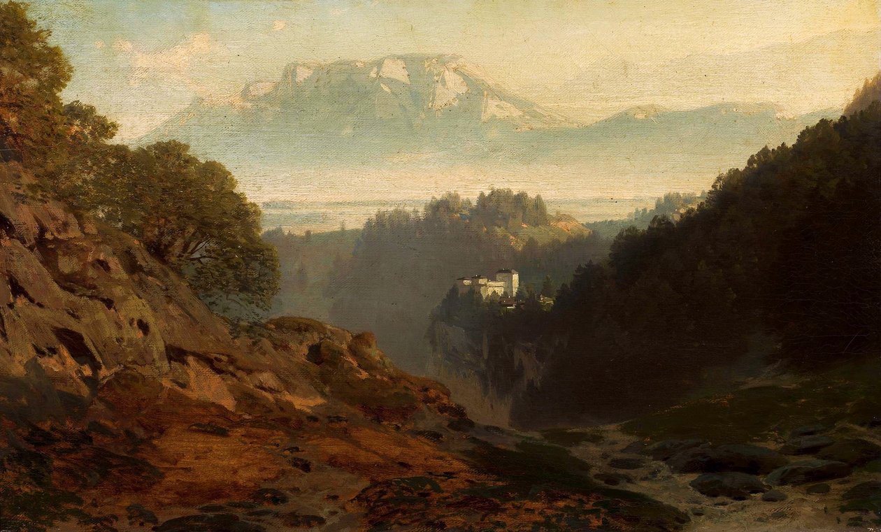 Bjerglandskab med et slot. af Ludwig Willroider