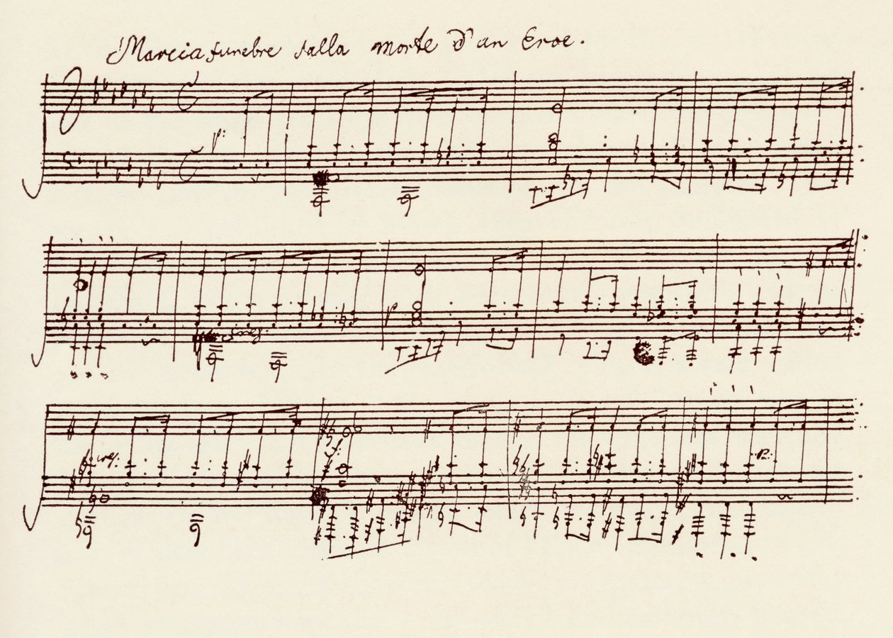 Del af manuskriptet til Beethovens A Flat Major Sonata, Opus 26 (pen og blæk) af Ludwig van Beethoven