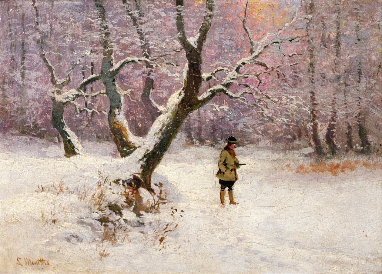 Vinterlandskab med jægere (olie på lærred) af Ludwig Munthe
