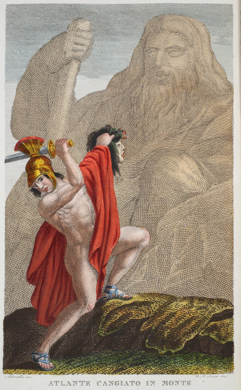 Atlas into a Mountain eller Atlante Cangiato in Monte, Bog IV, illustration fra Ovids Metamorphoses, Firenze, 1832 (håndkoloreret gravering) af Luigi Ademollo