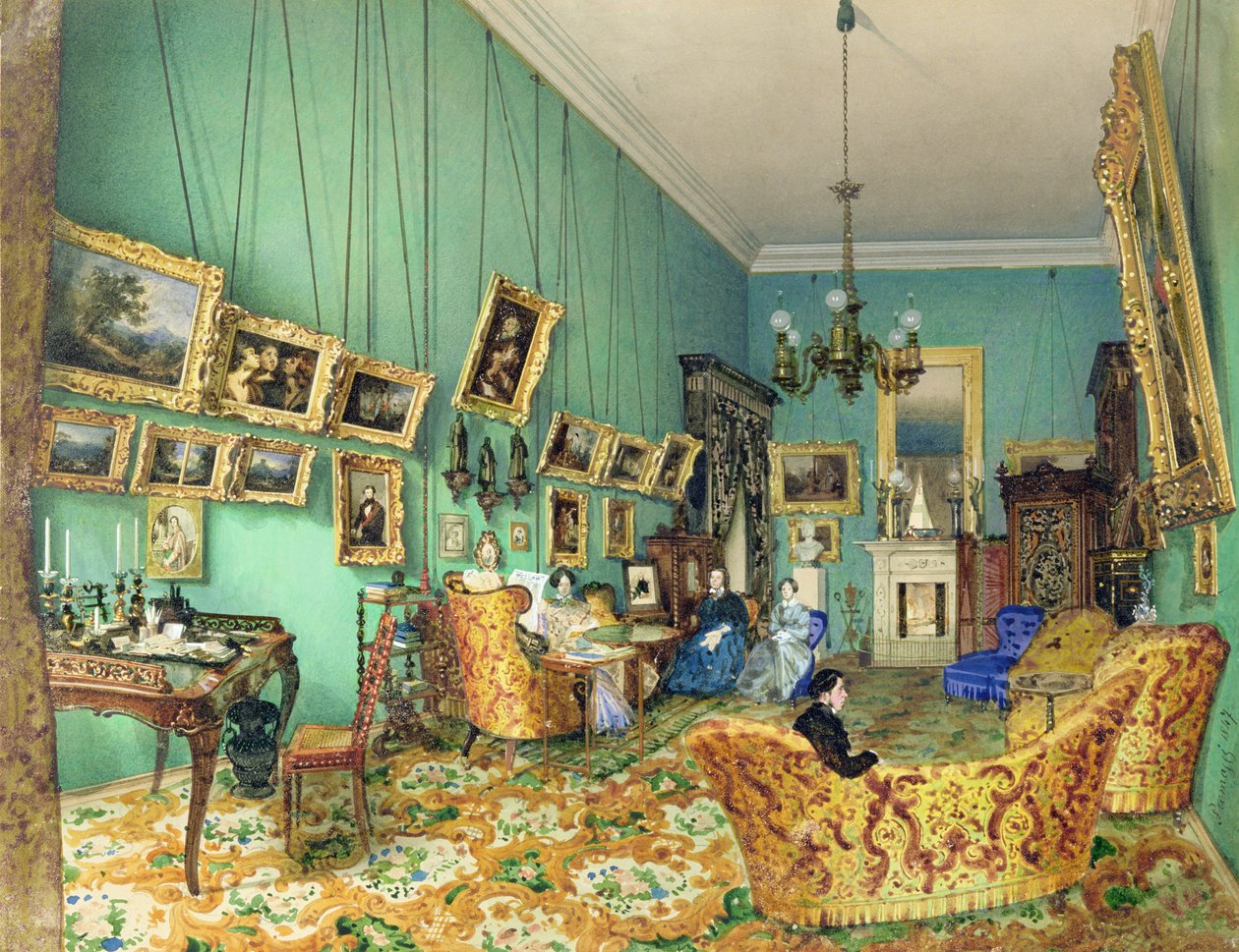 Interiør af en stue, 1847 (akvarel og hvid farve på papir) af Luigi Premazzi