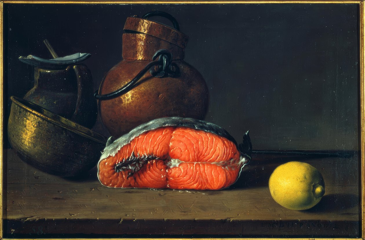 Stilleben med laks, citron og kar af Luis Meléndez