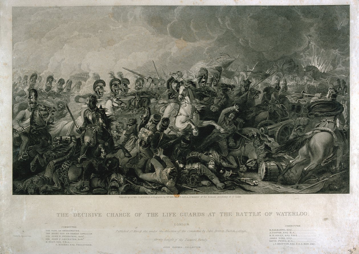 The Decisive Charge of the Life Guards at Waterloo i 1815, indgraveret af William Bromley, 1821 (håndfarvet gravering) af Luke Clennell